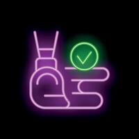 Neon sign representing luggage depositing with check mark on black background vector