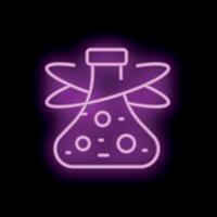 Neon icon of chemical flask with bubbling solution and orbiting electrons vector