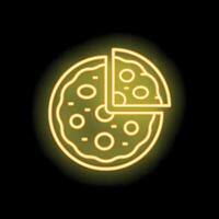 Bright yellow neon sign showing a pizza with a slice missing vector