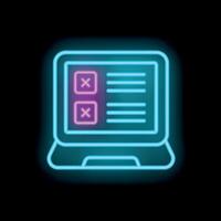 Neon online survey on laptop computer showing two checkboxes with cross marks in dark background vector