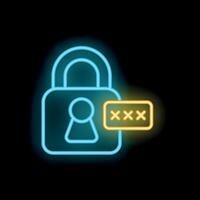 Neon padlock showing password protection with on black background vector