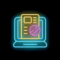 Neon icon of a laptop showing a document with a rejected sign vector