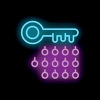 Neon key unlocking multiple padlocks representing concept of solutions vector