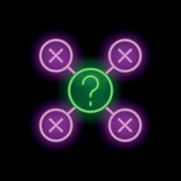 Neon style question mark surrounded by wrong answers in circles connected with lines on black background vector