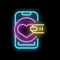 Neon icon of smartphone showing heart with credit card representing online donation vector