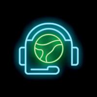 Neon icon of headset with planet earth inside symbolizing global communication vector