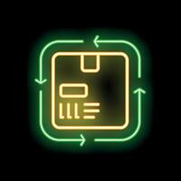 Neon green arrows rotating around a cardboard box representing return policy vector