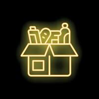 Neon sign of cardboard box full of groceries on black background vector