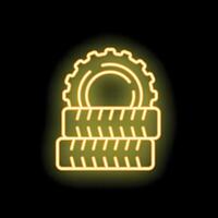 Neon sign representing stack of three car tires with cogwheel on top vector