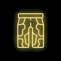 Glowing neon line icon showing camouflage military pants on black background vector