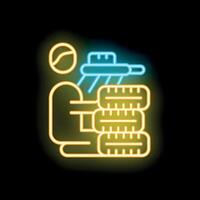 Neon glow icon of a paintball player aiming from behind a bunker vector
