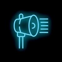 Neon megaphone icon broadcasting message on black background vector