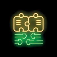 Neon icon of puzzle pieces connecting with arrows representing workflow vector