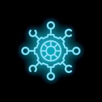 Neon blue gear connecting circles representing teamwork on black background vector