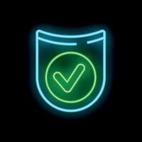 Neon shield showing green check mark on black background vector