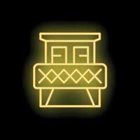 Neon icon of a train car glowing yellow on black background vector