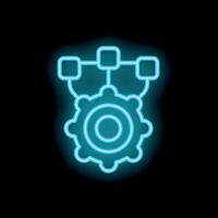 Neon icon of gear connecting to three digital squares representing automation vector