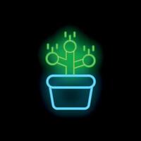 Neon green plant growing from microchip in pot symbolizing tech startup growth vector