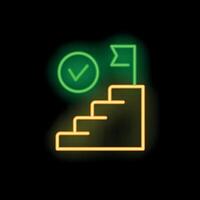 Neon sign depicting stairs leading to success with check mark and flag vector