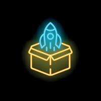 Neon rocket launching from open cardboard box on black background vector