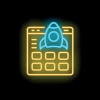 Neon rocket launching from website interface symbolizing startup company vector