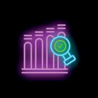 Neon icon of magnifying glass hovering over bar graph with check mark symbol vector