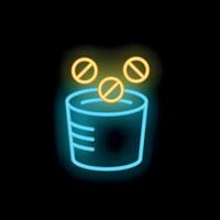 Neon icon of pills falling into measuring cup representing drug use measurement vector