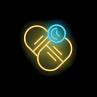 Neon sign representing taking medicine on time with clock and pills vector