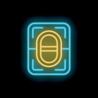 Neon icon of pill blister pack glowing on dark background vector