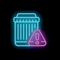 Neon trash can icon showing warning sign on black background vector
