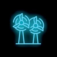Two neon wind turbines generating renewable energy icon vector
