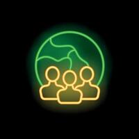Neon icon of three people standing under planet earth sign vector
