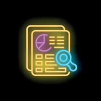 Neon icon of magnifying glass analyzing financial report document vector