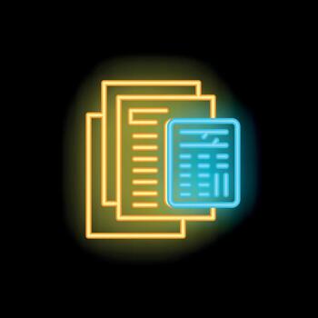 Neon calculator icon hovering over documents on black background vector
