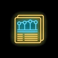 Neon icon of documents with charts representing business analytics and data analysis vector