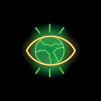 Neon sign of an eye with shining rays looking at planet earth vector