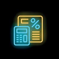 Neon calculator calculating percentage sign on document icon vector
