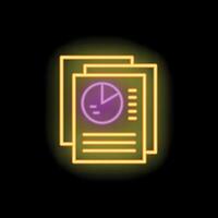 Neon icon of documents with charts representing business reports and data analysis vector