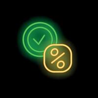 Neon icons showing validation mark and percentage symbol for loan approval vector