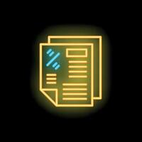 Neon icon of documents with charts and graphs on black background vector
