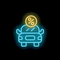 Neon car icon showing percentage symbol for auto loan vector