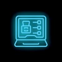 Neon blue laptop showing software development process icon on black background vector