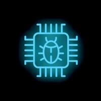 Neon icon of computer chip containing malware bug spreading through circuitry vector