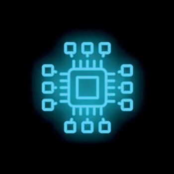 Neon cpu microchip icon glowing on dark background vector