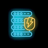 Neon server icon showing secured data storage with lightning protection vector