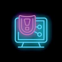 Neon icon of computer showing warning sign for system alert vector
