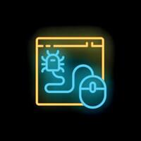 Neon computer virus entering through mouse icon on black background vector