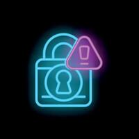 Neon padlock showing warning sign on black background vector