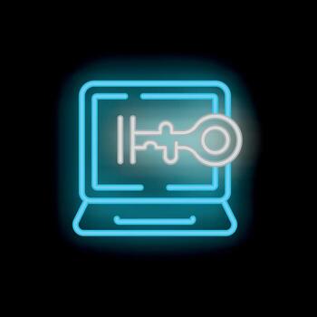 Neon key icon hovering over laptop showing concept of cybersecurity vector