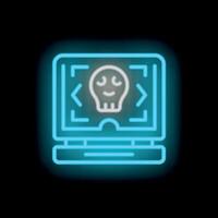 Neon cyber security icon showing laptop with skull and target vector
